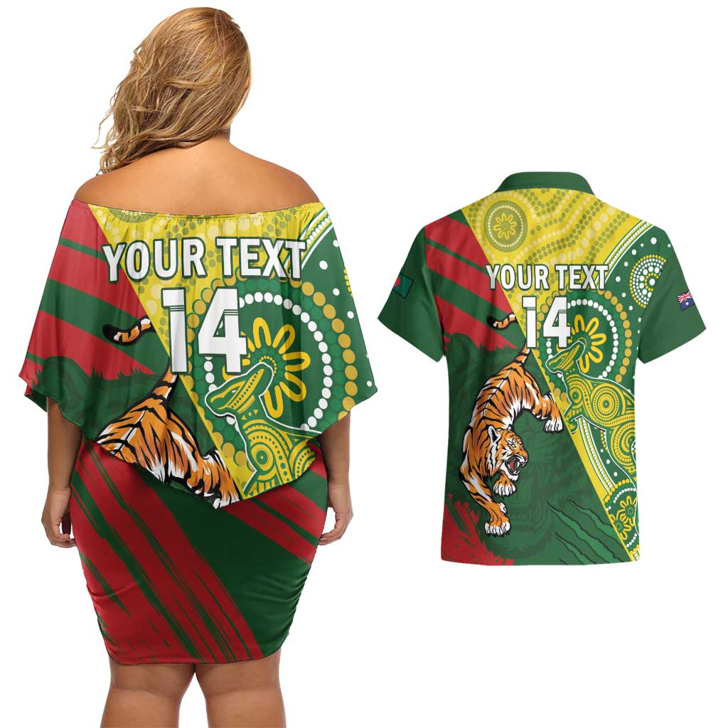Custom Bangladesh And Australia Cricket Couples Matching Off Shoulder Short Dress and Hawaiian Shirt Kangaroo Tiger Together