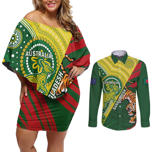 Custom Bangladesh And Australia Cricket Couples Matching Off Shoulder Short Dress and Long Sleeve Button Shirt Kangaroo Tiger Together