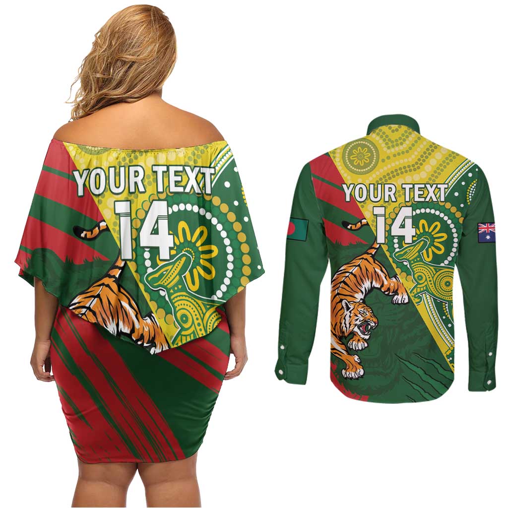 Custom Bangladesh And Australia Cricket Couples Matching Off Shoulder Short Dress and Long Sleeve Button Shirt Kangaroo Tiger Together