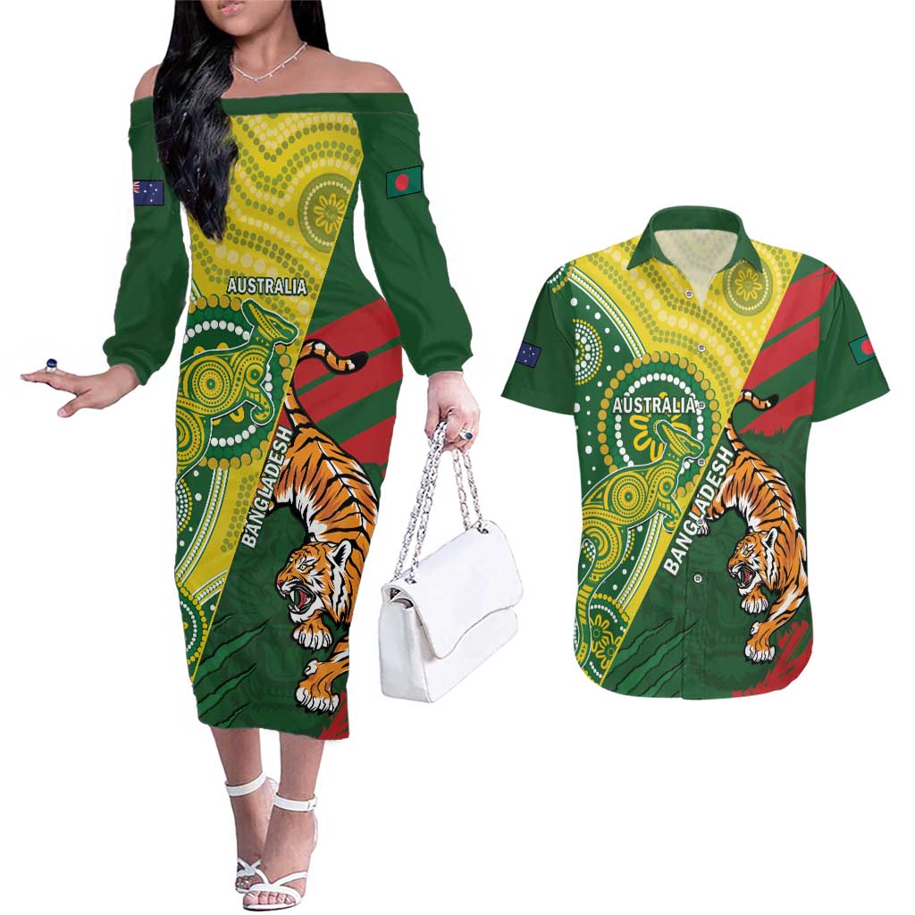 Custom Bangladesh And Australia Cricket Couples Matching Off The Shoulder Long Sleeve Dress and Hawaiian Shirt Kangaroo Tiger Together