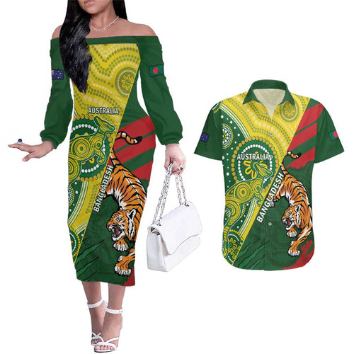 Custom Bangladesh And Australia Cricket Couples Matching Off The Shoulder Long Sleeve Dress and Hawaiian Shirt Kangaroo Tiger Together