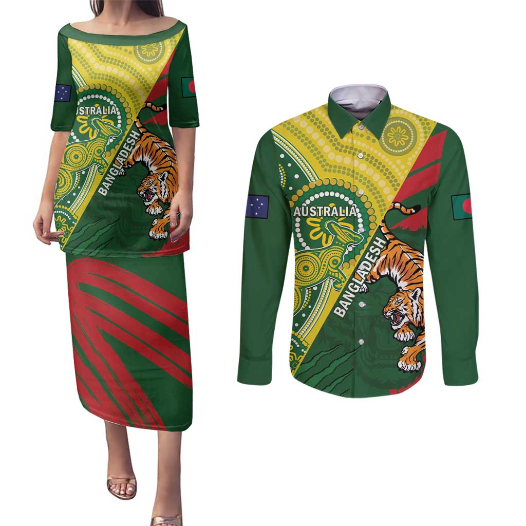 Custom Bangladesh And Australia Cricket Couples Matching Puletasi and Long Sleeve Button Shirt Kangaroo Tiger Together