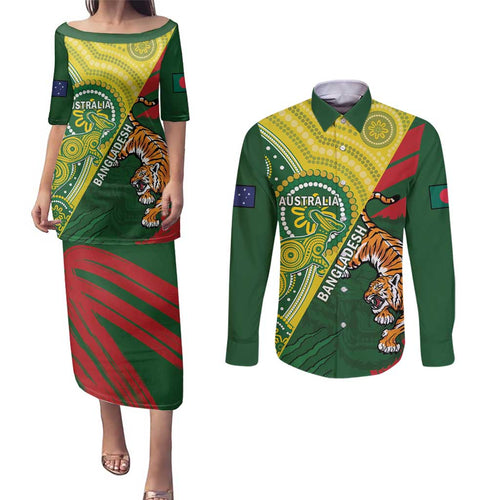 Custom Bangladesh And Australia Cricket Couples Matching Puletasi and Long Sleeve Button Shirt Kangaroo Tiger Together