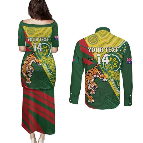 Custom Bangladesh And Australia Cricket Couples Matching Puletasi and Long Sleeve Button Shirt Kangaroo Tiger Together