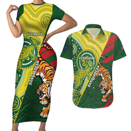 Custom Bangladesh And Australia Cricket Couples Matching Short Sleeve Bodycon Dress and Hawaiian Shirt Kangaroo Tiger Together