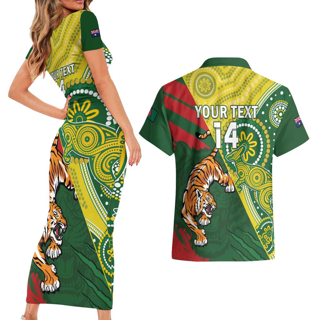 Custom Bangladesh And Australia Cricket Couples Matching Short Sleeve Bodycon Dress and Hawaiian Shirt Kangaroo Tiger Together