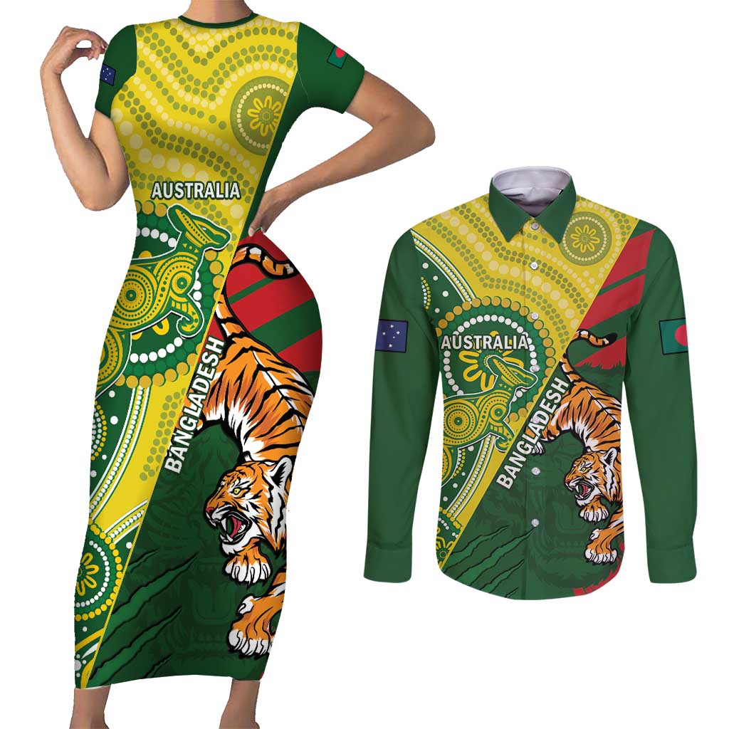 Custom Bangladesh And Australia Cricket Couples Matching Short Sleeve Bodycon Dress and Long Sleeve Button Shirt Kangaroo Tiger Together