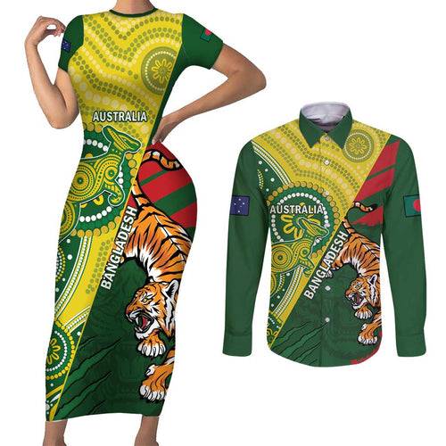 Custom Bangladesh And Australia Cricket Couples Matching Short Sleeve Bodycon Dress and Long Sleeve Button Shirt Kangaroo Tiger Together