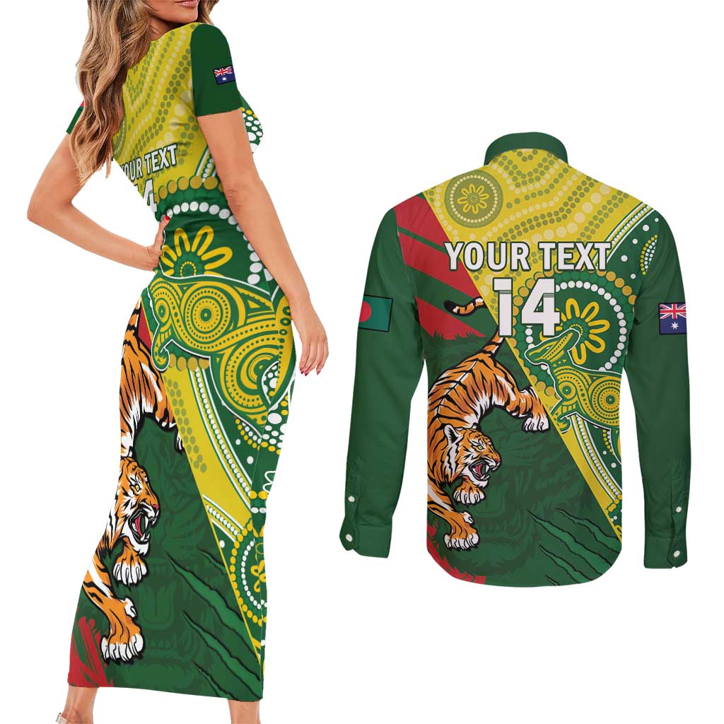 Custom Bangladesh And Australia Cricket Couples Matching Short Sleeve Bodycon Dress and Long Sleeve Button Shirt Kangaroo Tiger Together