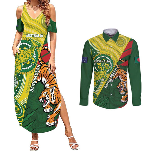 Custom Bangladesh And Australia Cricket Couples Matching Summer Maxi Dress and Long Sleeve Button Shirt Kangaroo Tiger Together