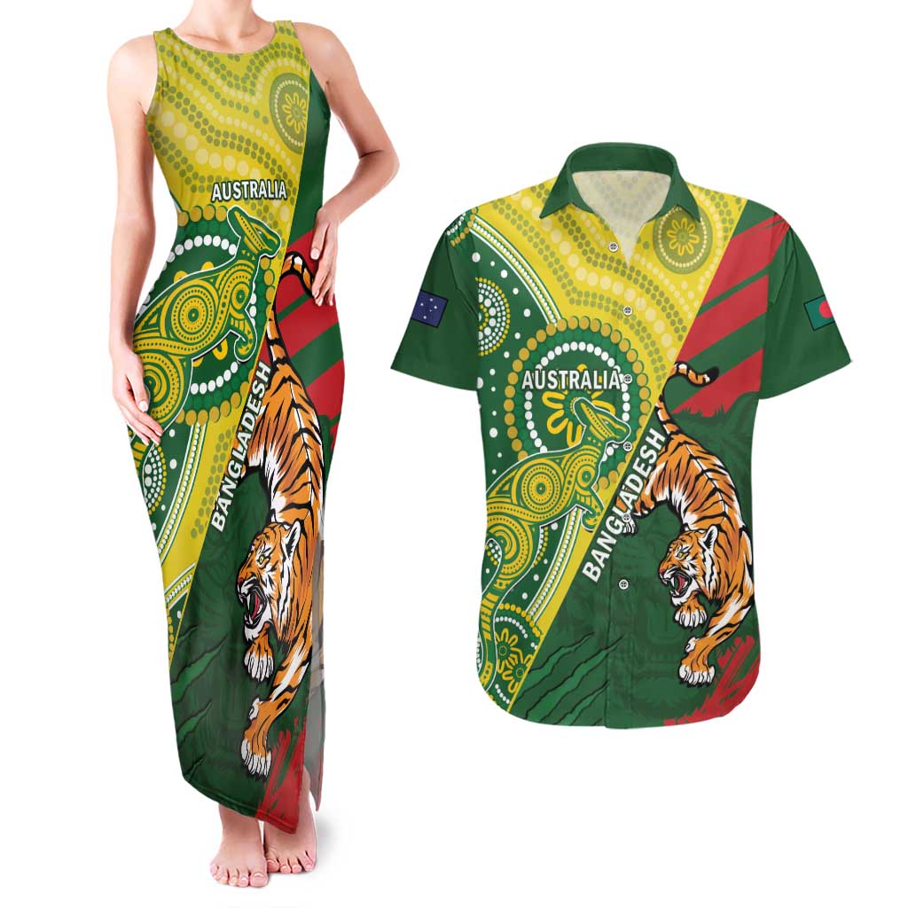 Custom Bangladesh And Australia Cricket Couples Matching Tank Maxi Dress and Hawaiian Shirt Kangaroo Tiger Together
