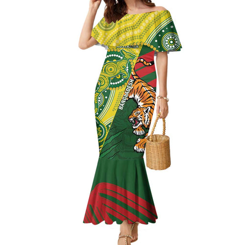 Custom Bangladesh And Australia Cricket Family Matching Mermaid Dress and Hawaiian Shirt Kangaroo Tiger Together
