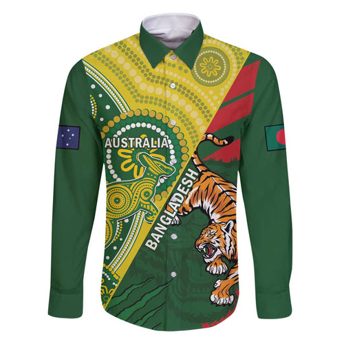 Custom Bangladesh And Australia Cricket Family Matching Off The Shoulder Long Sleeve Dress and Hawaiian Shirt Kangaroo Tiger Together