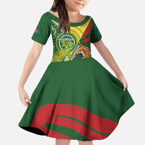 Custom Bangladesh And Australia Cricket Family Matching Off Shoulder Maxi Dress and Hawaiian Shirt Kangaroo Tiger Together