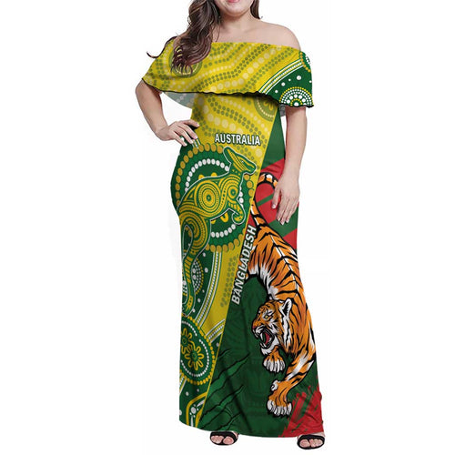 Custom Bangladesh And Australia Cricket Family Matching Off Shoulder Maxi Dress and Hawaiian Shirt Kangaroo Tiger Together