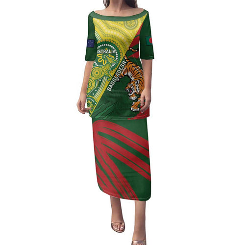 Custom Bangladesh And Australia Cricket Family Matching Puletasi and Hawaiian Shirt Kangaroo Tiger Together