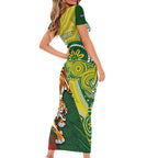 Custom Bangladesh And Australia Cricket Family Matching Short Sleeve Bodycon Dress and Hawaiian Shirt Kangaroo Tiger Together