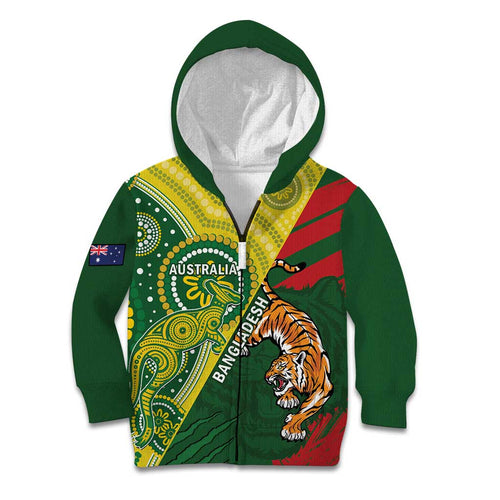Custom Bangladesh And Australia Cricket Kid Hoodie Kangaroo Tiger Together