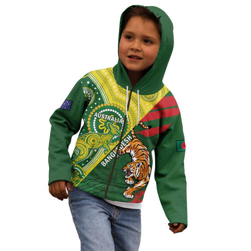 Custom Bangladesh And Australia Cricket Kid Hoodie Kangaroo Tiger Together