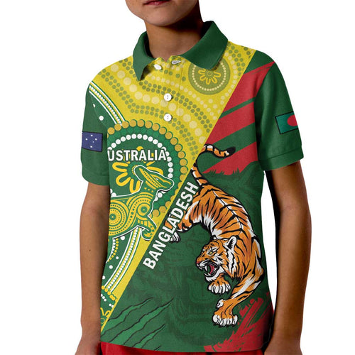 Custom Bangladesh And Australia Cricket Kid Polo Shirt Kangaroo Tiger Together
