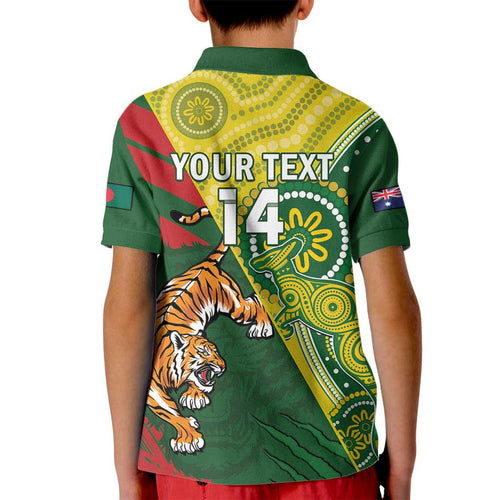 Custom Bangladesh And Australia Cricket Kid Polo Shirt Kangaroo Tiger Together
