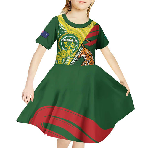 Custom Bangladesh And Australia Cricket Kid Short Sleeve Dress Kangaroo Tiger Together
