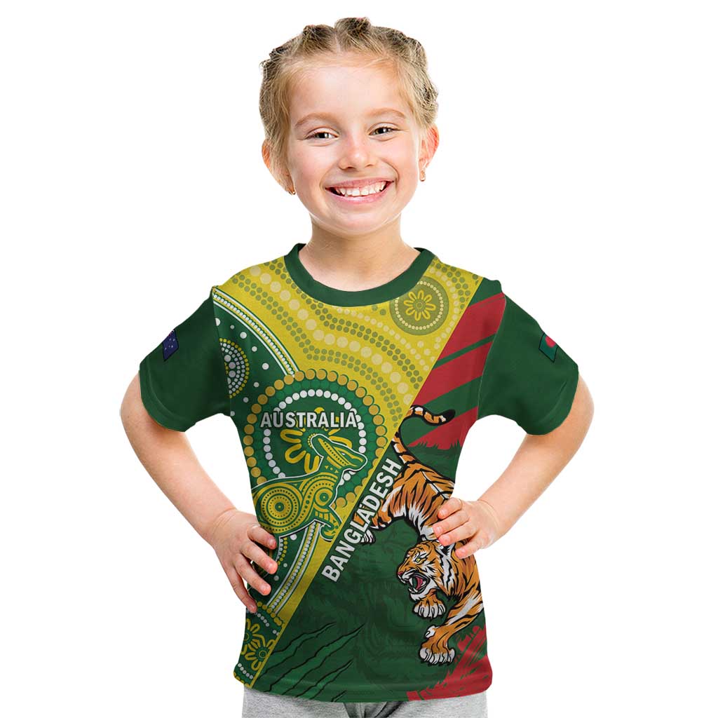 Custom Bangladesh And Australia Cricket Kid T Shirt Kangaroo Tiger Together