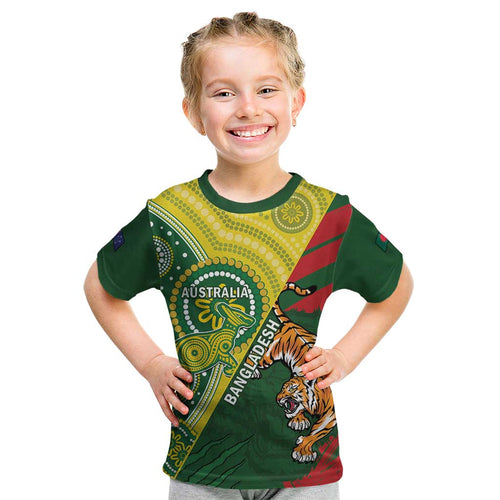 Custom Bangladesh And Australia Cricket Kid T Shirt Kangaroo Tiger Together