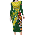 Custom Bangladesh And Australia Cricket Long Sleeve Bodycon Dress Kangaroo Tiger Together