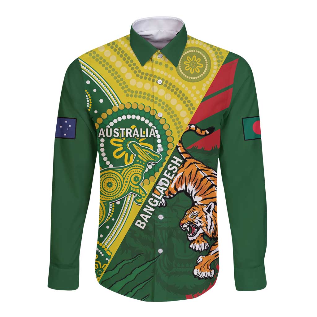 Custom Bangladesh And Australia Cricket Long Sleeve Button Shirt Kangaroo Tiger Together