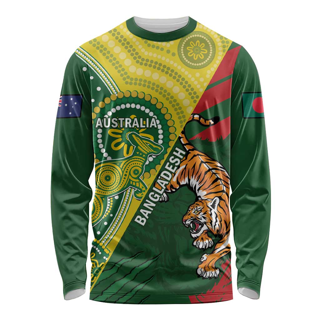 Custom Bangladesh And Australia Cricket Long Sleeve Shirt Kangaroo Tiger Together