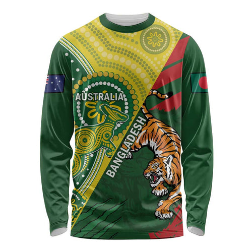 Custom Bangladesh And Australia Cricket Long Sleeve Shirt Kangaroo Tiger Together