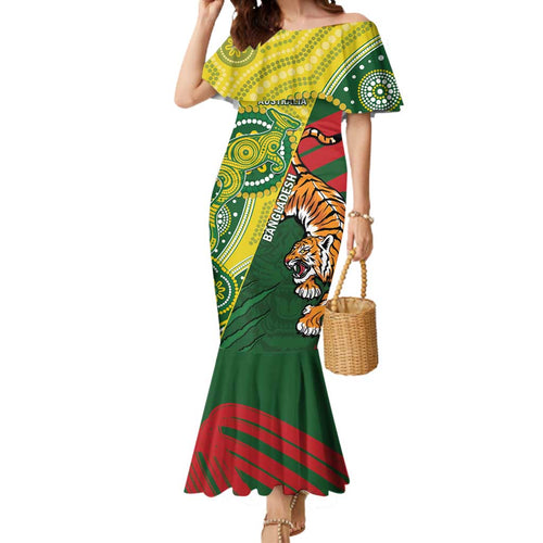 Custom Bangladesh And Australia Cricket Mermaid Dress Kangaroo Tiger Together