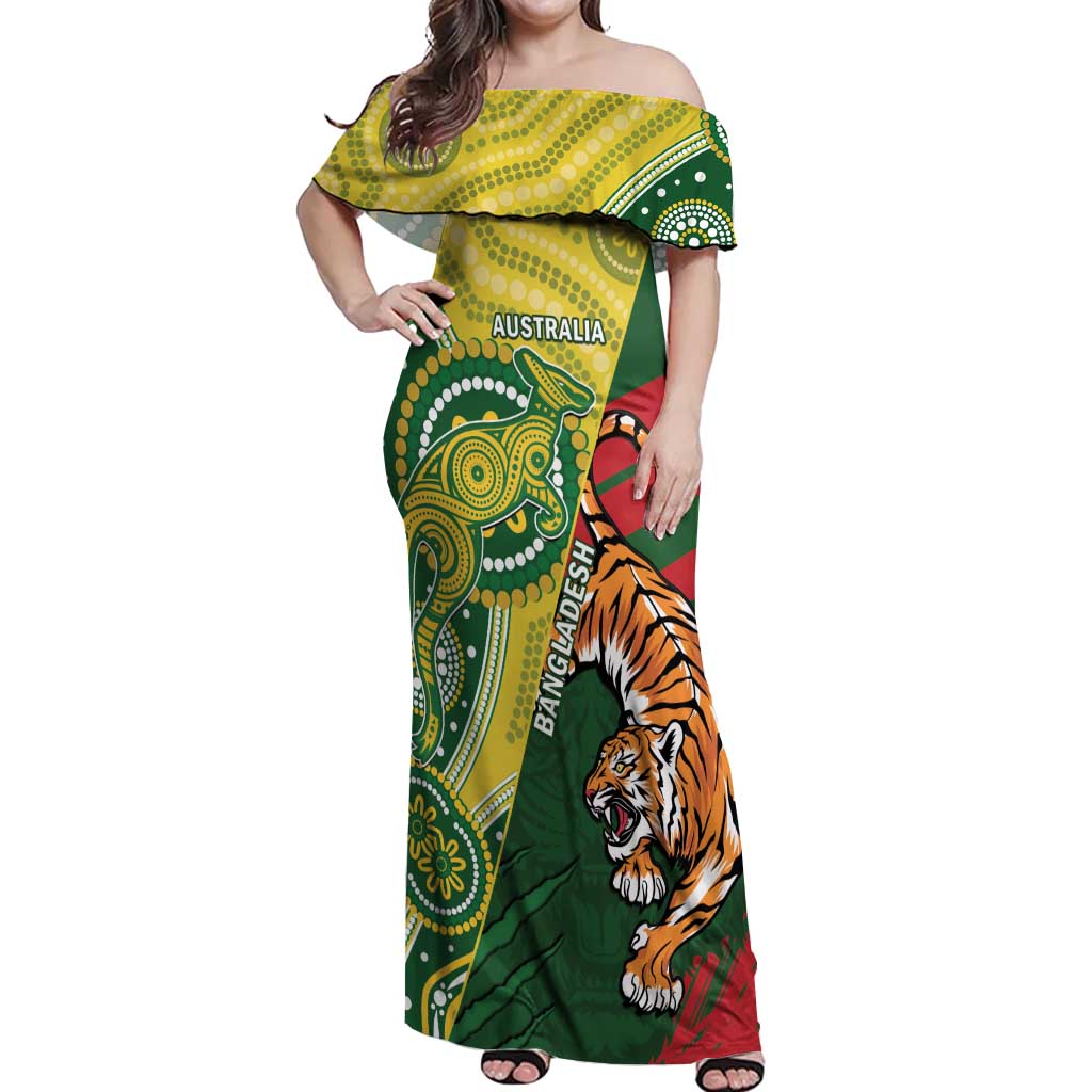Custom Bangladesh And Australia Cricket Off Shoulder Maxi Dress Kangaroo Tiger Together