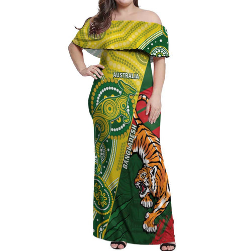 Custom Bangladesh And Australia Cricket Off Shoulder Maxi Dress Kangaroo Tiger Together
