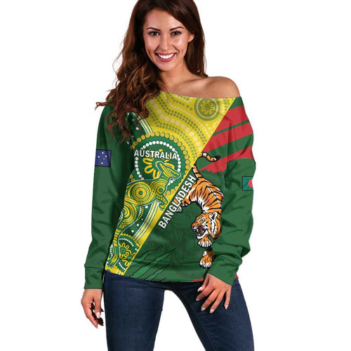 Custom Bangladesh And Australia Cricket Off Shoulder Sweater Kangaroo Tiger Together