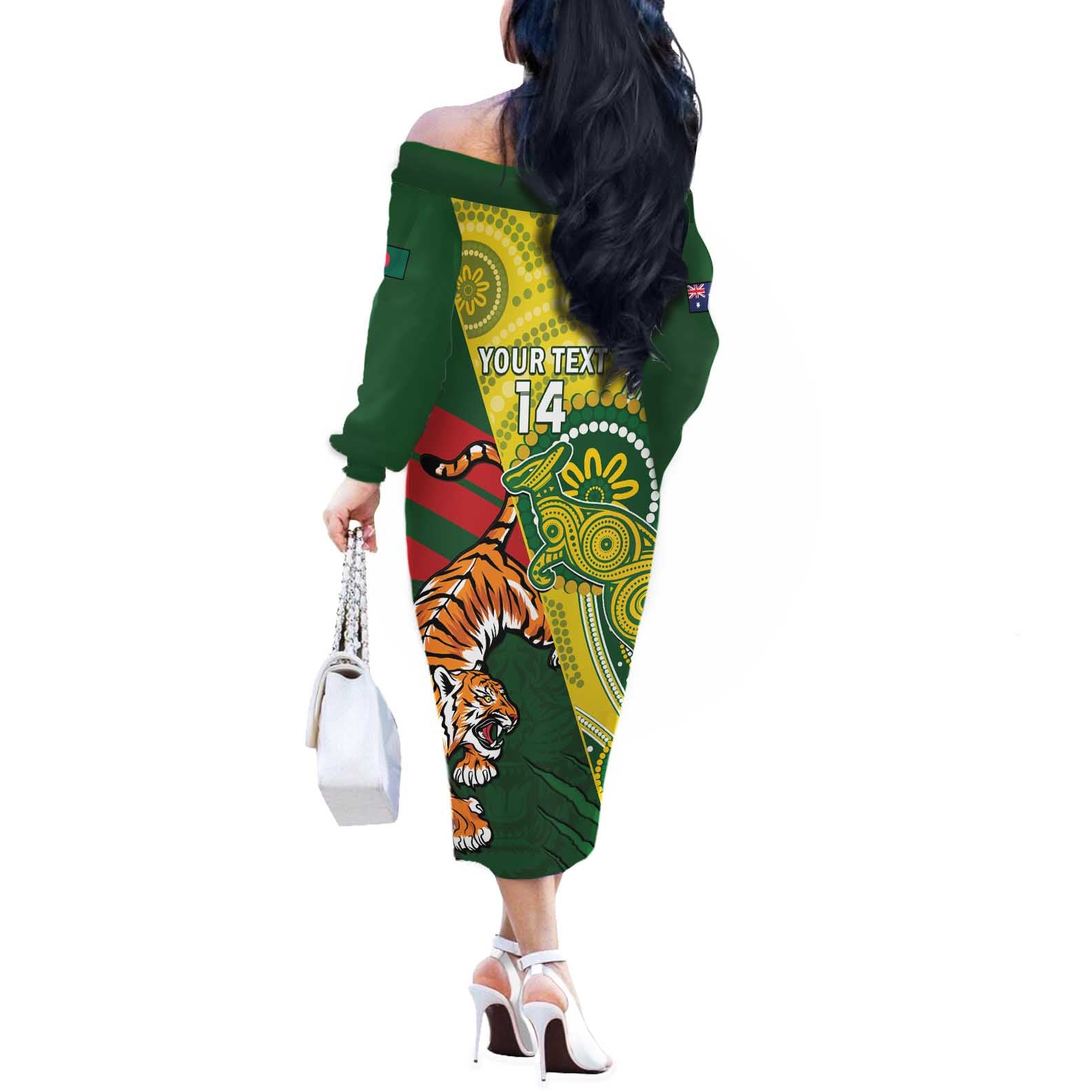 Custom Bangladesh And Australia Cricket Off The Shoulder Long Sleeve Dress Kangaroo Tiger Together