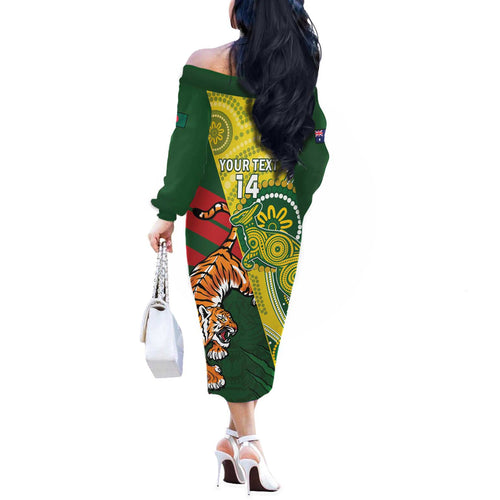 Custom Bangladesh And Australia Cricket Off The Shoulder Long Sleeve Dress Kangaroo Tiger Together