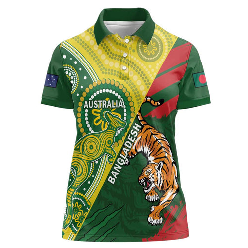 Custom Bangladesh And Australia Cricket Women Polo Shirt Kangaroo Tiger Together