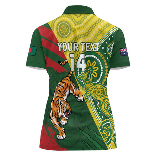 Custom Bangladesh And Australia Cricket Women Polo Shirt Kangaroo Tiger Together