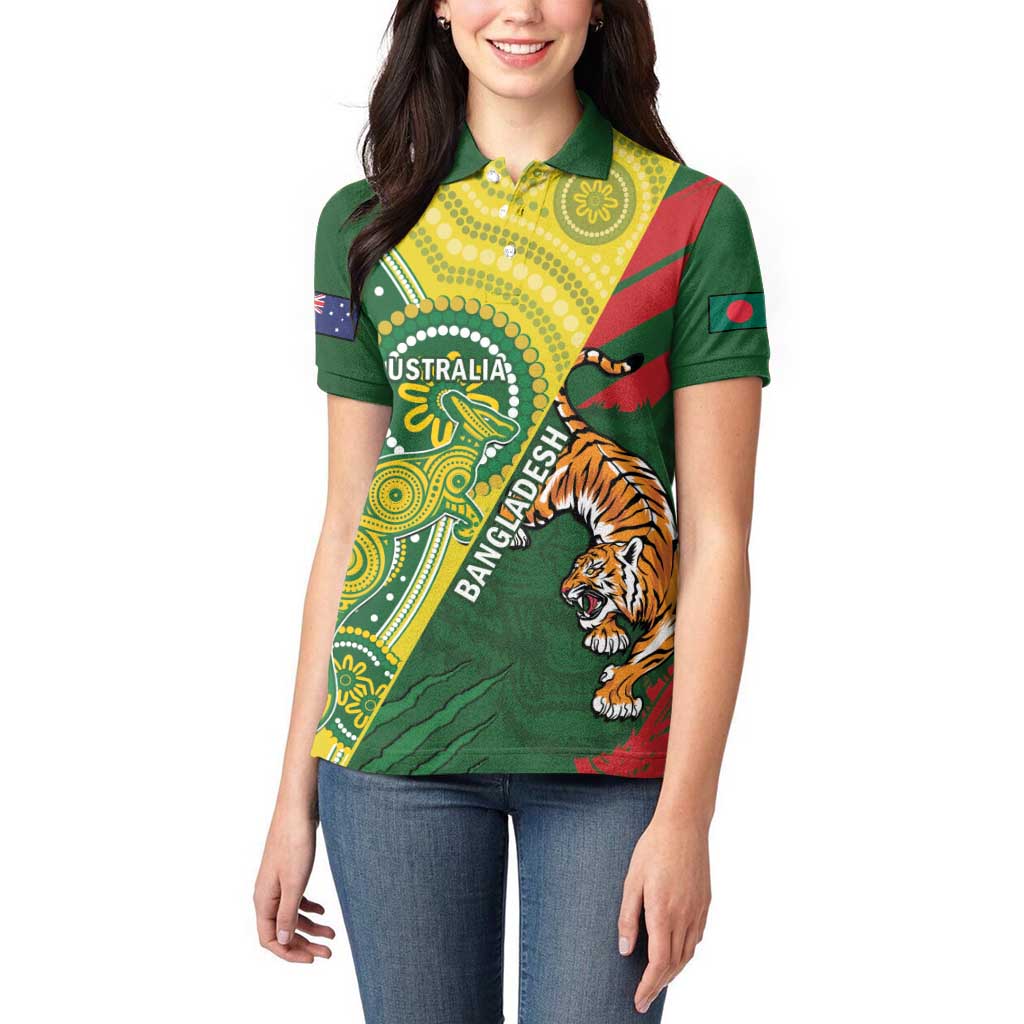 Custom Bangladesh And Australia Cricket Women Polo Shirt Kangaroo Tiger Together