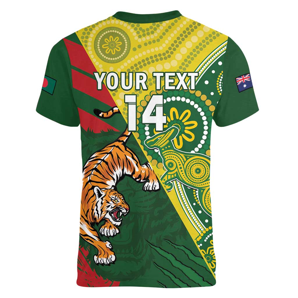 Custom Bangladesh And Australia Cricket Women V-Neck T-Shirt Kangaroo Tiger Together