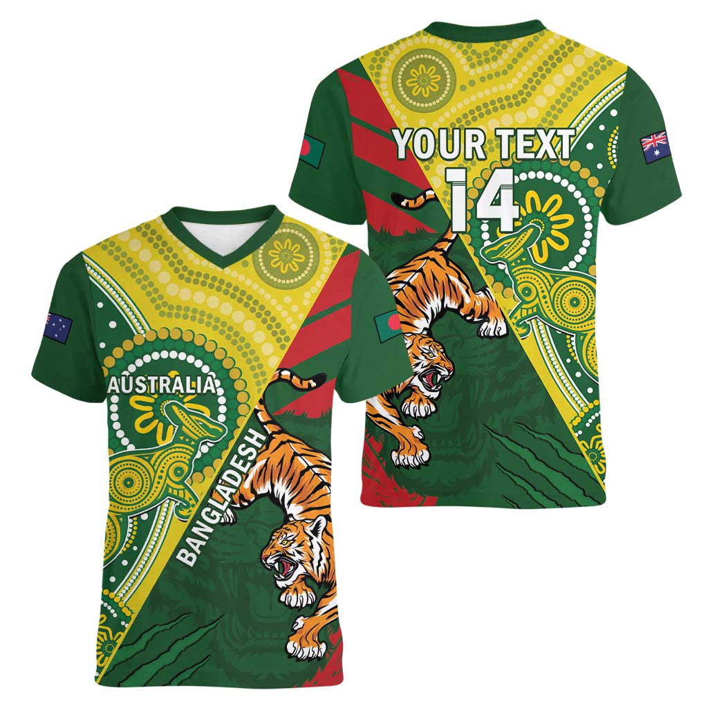 Custom Bangladesh And Australia Cricket Women V-Neck T-Shirt Kangaroo Tiger Together