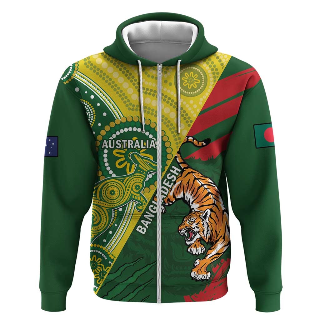 Custom Bangladesh And Australia Cricket Zip Hoodie Kangaroo Tiger Together