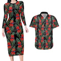 Australia Sturt's Desert Pea Couples Matching Long Sleeve Bodycon Dress and Hawaiian Shirt Aussie Native Flowers Indigenous Art - Aussie Hoodie