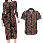 Australia Sturt's Desert Pea Couples Matching Long Sleeve Bodycon Dress and Hawaiian Shirt Aussie Native Flowers Indigenous Art - Aussie Hoodie