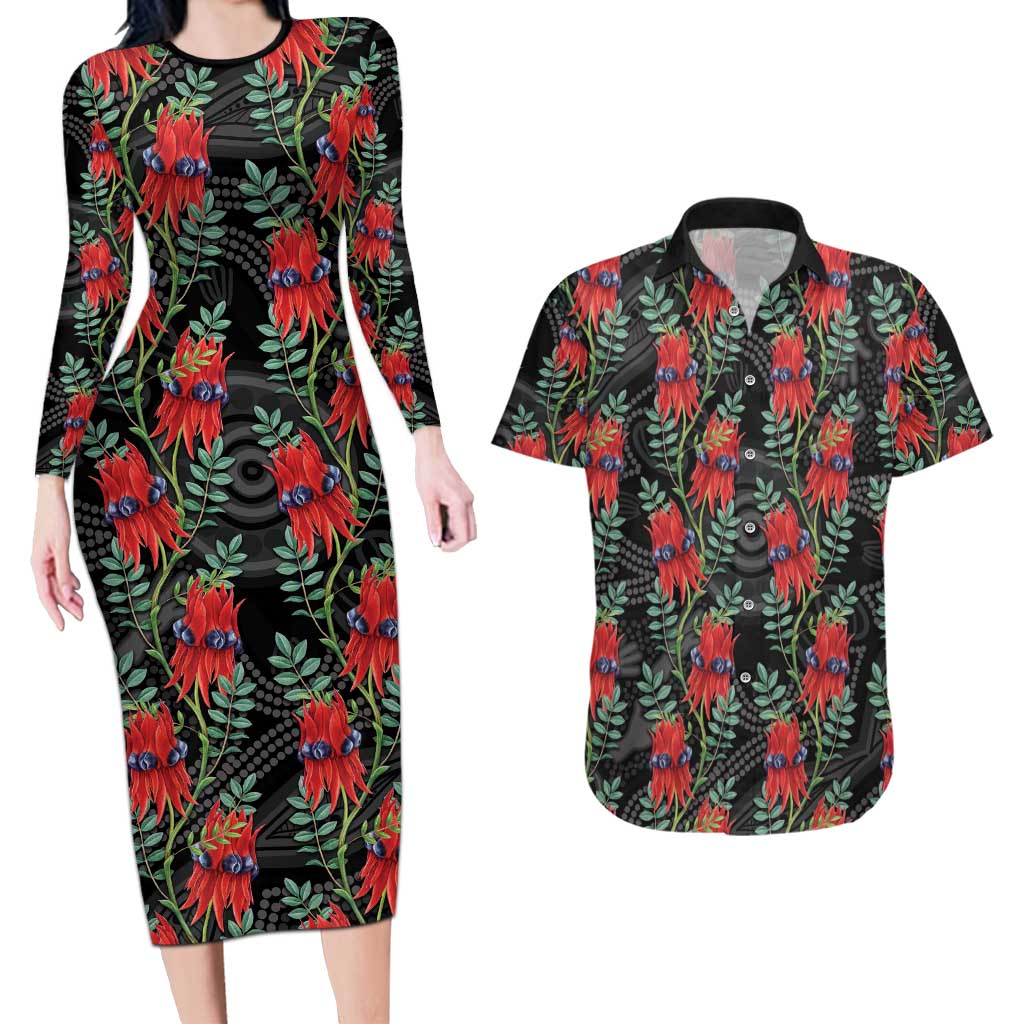 Australia Sturt's Desert Pea Couples Matching Long Sleeve Bodycon Dress and Hawaiian Shirt Aussie Native Flowers Indigenous Art - Aussie Hoodie