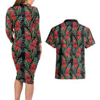 Australia Sturt's Desert Pea Couples Matching Long Sleeve Bodycon Dress and Hawaiian Shirt Aussie Native Flowers Indigenous Art - Aussie Hoodie