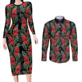Australia Sturt's Desert Pea Couples Matching Long Sleeve Bodycon Dress and Long Sleeve Button Shirt Aussie Native Flowers Indigenous Art - Aussie Hoodie