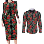Australia Sturt's Desert Pea Couples Matching Long Sleeve Bodycon Dress and Long Sleeve Button Shirt Aussie Native Flowers Indigenous Art - Aussie Hoodie
